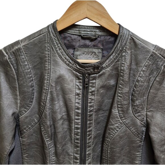 Sebby Moto Jacket Womens M Gray Faux Leather Ribbed Knit Full Zip Biker Rustic - Picture 3 of 15